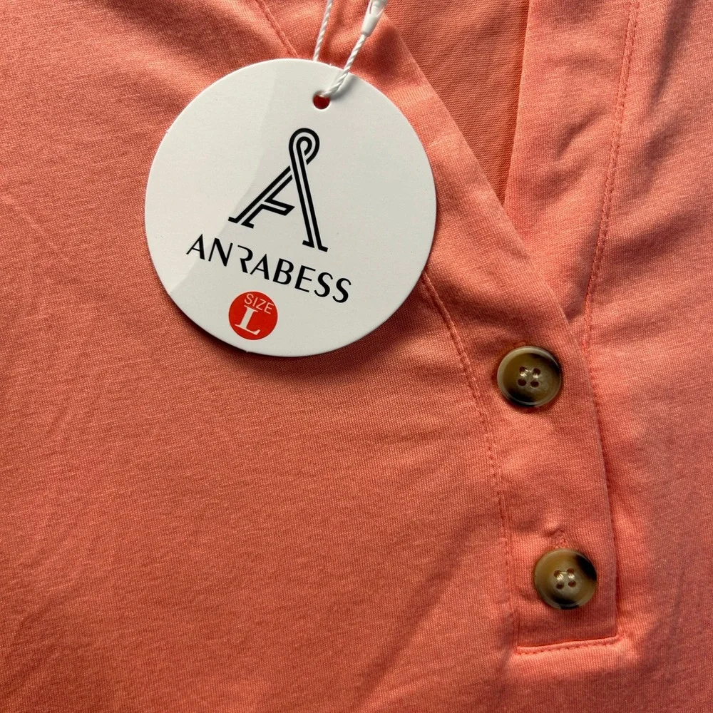 Anrabess Henley Top Womens‎ Large Coral NWT Short Sleeve Shirt Casual Knit Tee